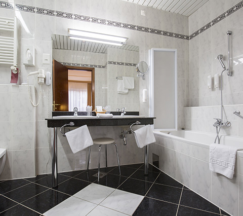 Hotels in Houston can make use of our tile and grout cleaning and maintenance programs to keep bathrooms as new all year round Hotel room bathroom in Houston